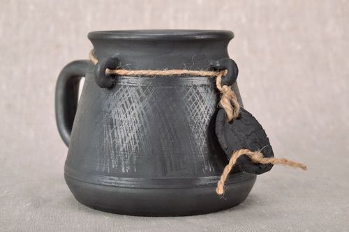 Black smoked large 15 oz clay coffee cup with handle  - MADEheart.com